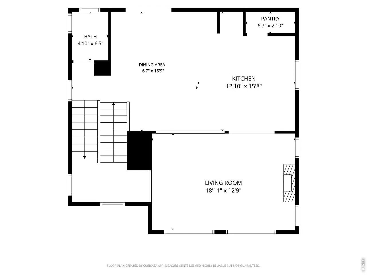 Main level floor plan: kitchen, dining, living room, powder bath and pantry