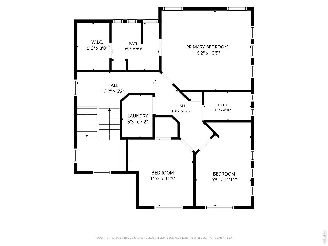 Upper level floor plan: primary suite, two bedrooms and laundry